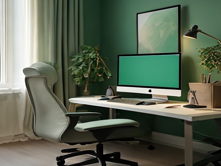Välorganiserat ergonomiskt skrivbord med rätt stol, monitor och ljus